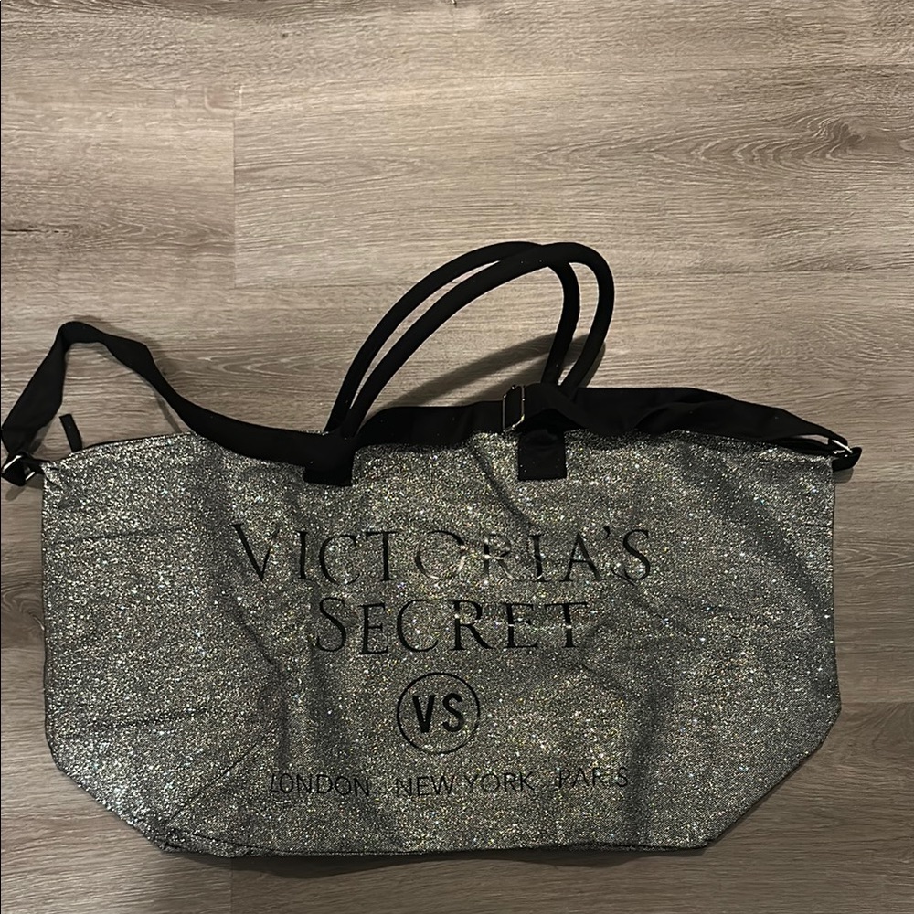 Victoria's Secret Silver and Black Tote Bag with Sturdy Straps